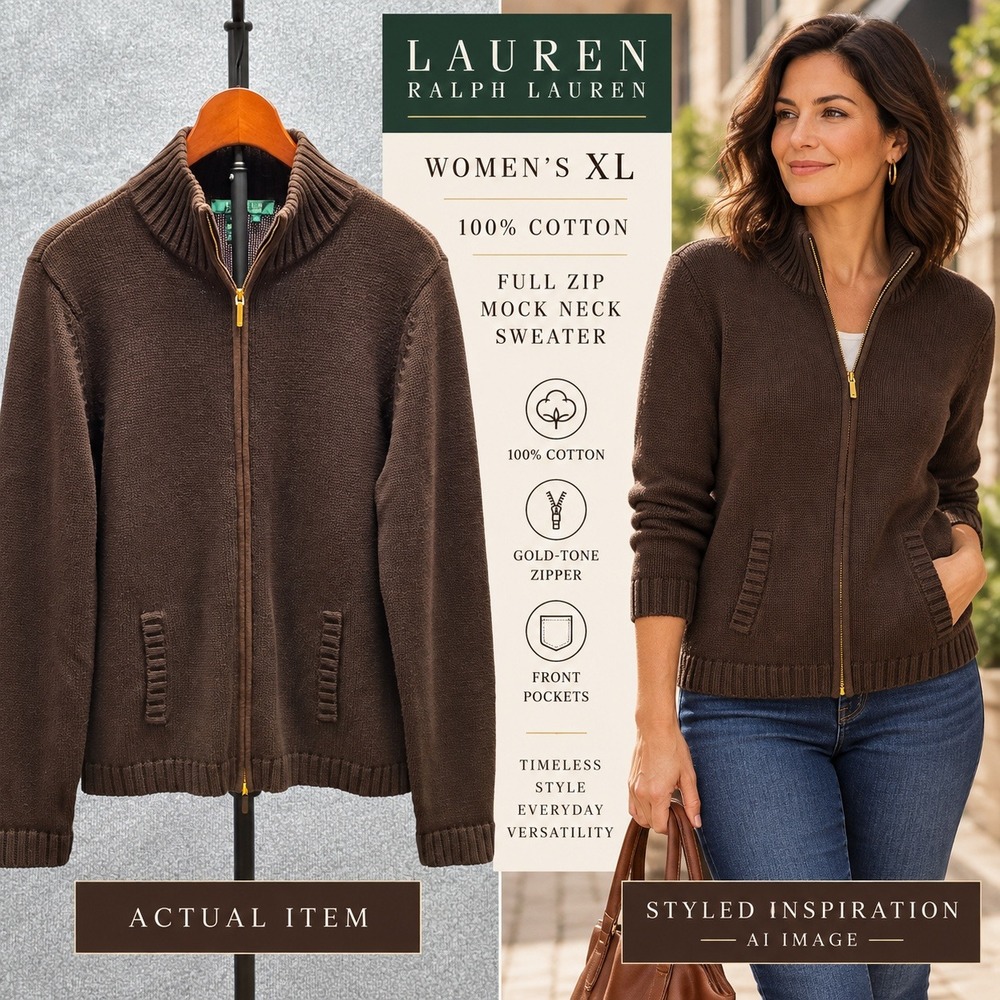 Lauren Ralph Lauren Zip Sweater Women XL Mock Neck Cotton Brown EUC Preppy